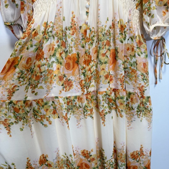 TAYLOR Yellow & White Floral Tiered Smocked Waist Tie Sleeve Midi Dress S Small - Picture 6 of 13